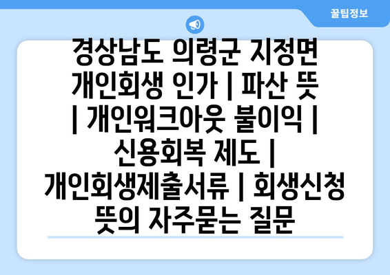 경상남도 의령군 지정면 개인회생 인가 | 파산 뜻 | 개인워크아웃 불이익 | 신용회복 제도 | 개인회생제출서류 | 회생신청 뜻