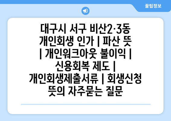 대구시 서구 비산2·3동 개인회생 인가 | 파산 뜻 | 개인워크아웃 불이익 | 신용회복 제도 | 개인회생제출서류 | 회생신청 뜻