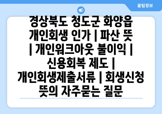 경상북도 청도군 화양읍 개인회생 인가 | 파산 뜻 | 개인워크아웃 불이익 | 신용회복 제도 | 개인회생제출서류 | 회생신청 뜻