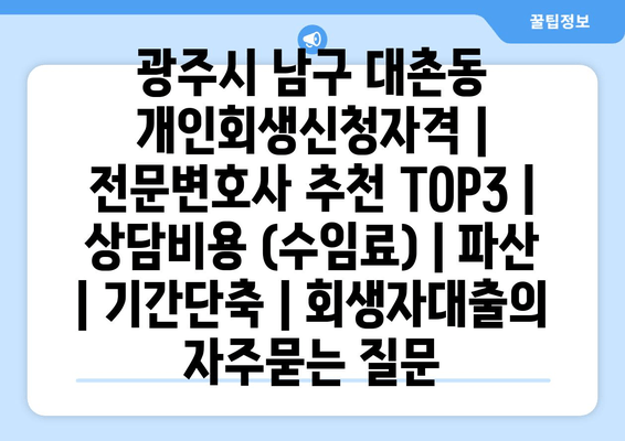 광주시 남구 대촌동 개인회생신청자격 | 전문변호사 추천 TOP3 | 상담비용 (수임료) | 파산 | 기간단축 | 회생자대출